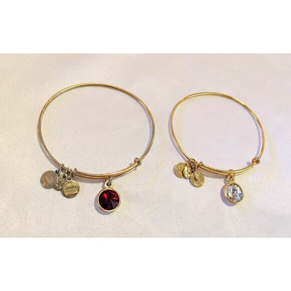 Lot Of 2 Alex And Ani Gold Tone Bangle Bracelets Ruby And Clear Crystals Charms - Picture 1 of 4